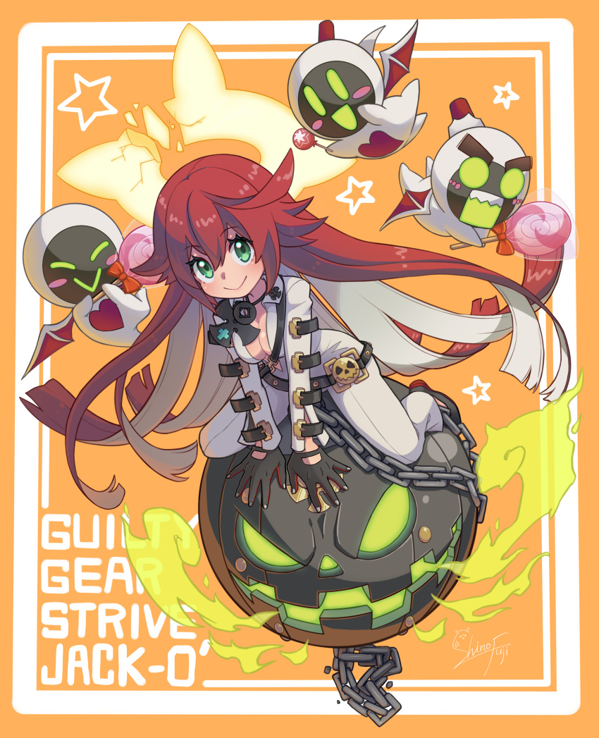 1girl, 3others, absurdres, ankh, ankh_necklace, ball_and_chain_restraint, bat_wings, bodysuit, chain, gloves, green_eyes, guilty_gear, guilty_gear_strive, halo, highres, jack-o'-lantern, jack-o'_valentine, knight_servant, lancer_servant, magician_servant, multiple_others, redhead, suesuguru, white_bodysuit, wings