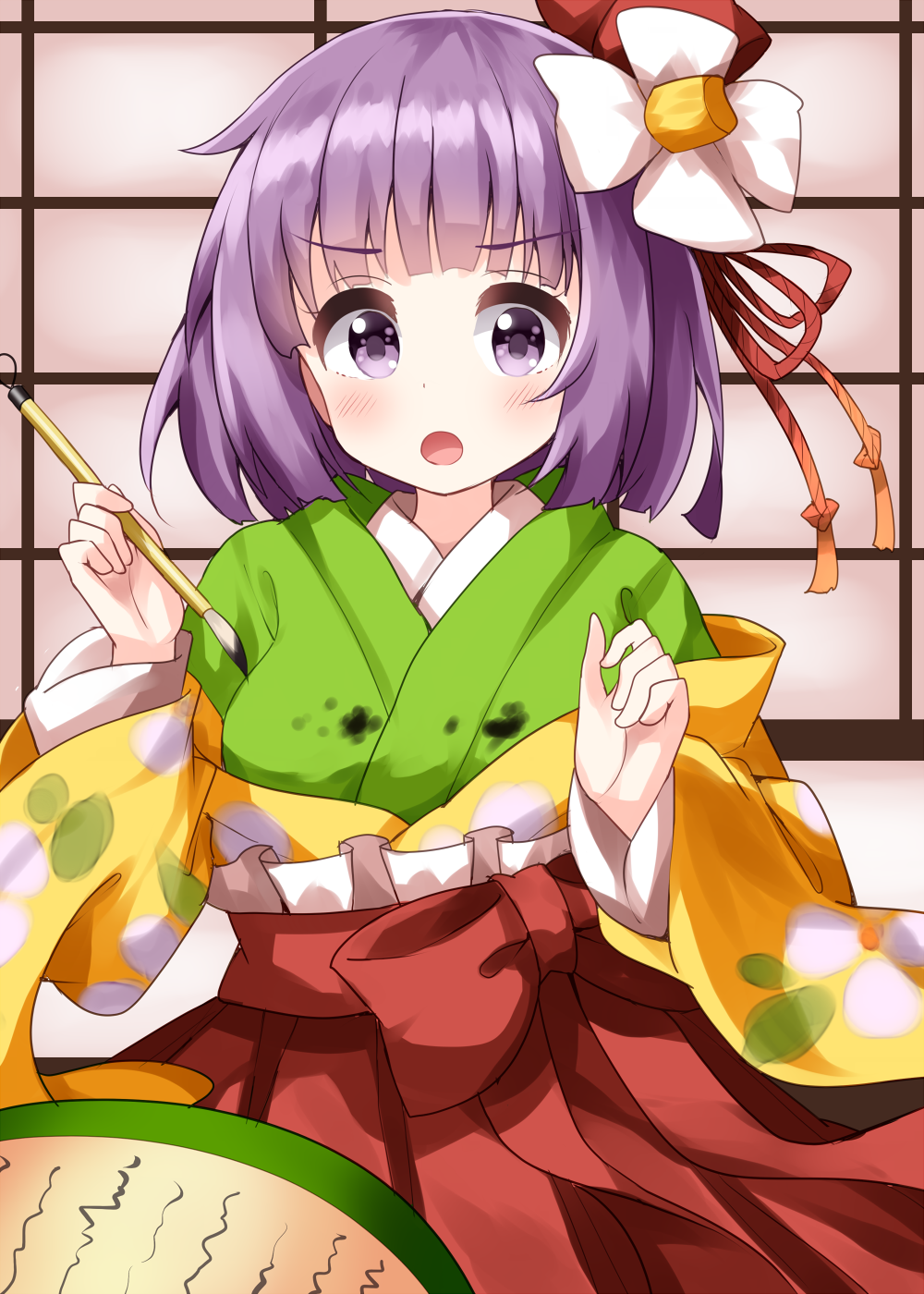 1girl, :o, bangs, eyebrows_visible_through_hair, floral_print, flower, green_kimono, hair_flower
