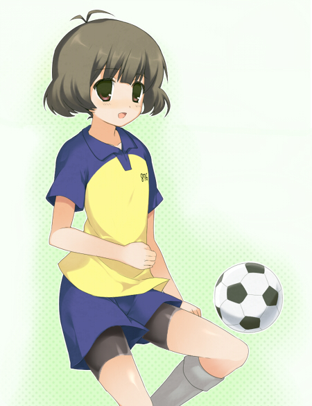 antenna_hair, bad_id, ball, bike_shorts, brown_eyes, brown_hair, idolmaster, idolmaster_dearly_stars