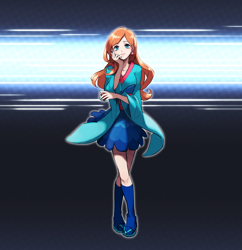 1girl, akihorisu, bangs, blue_eyes, blue_legwear, breasts, collarbone, commentary_request, earrings, eyelashes, full_body, furisode_girl_(pokemon), furisode_girl_linnea, green_nails, highres, holding, holding_poke_ball, jewelry, long_hair, looking_at_viewer, nail_polish, orange_hair, parted_lips, poke_ball, pokemon, pokemon_(game), pokemon_xy, shoes, smile, socks, solo, wide_sleeves