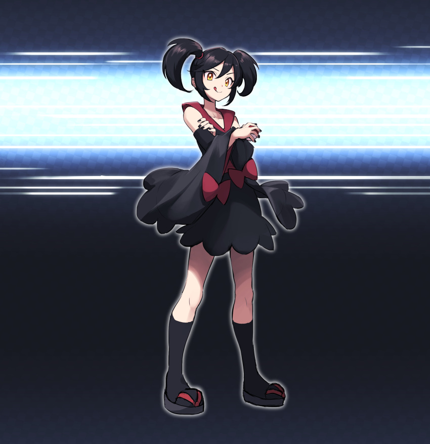 1girl, :q, akihorisu, bangs, black_hair, black_legwear, black_nails, closed_mouth