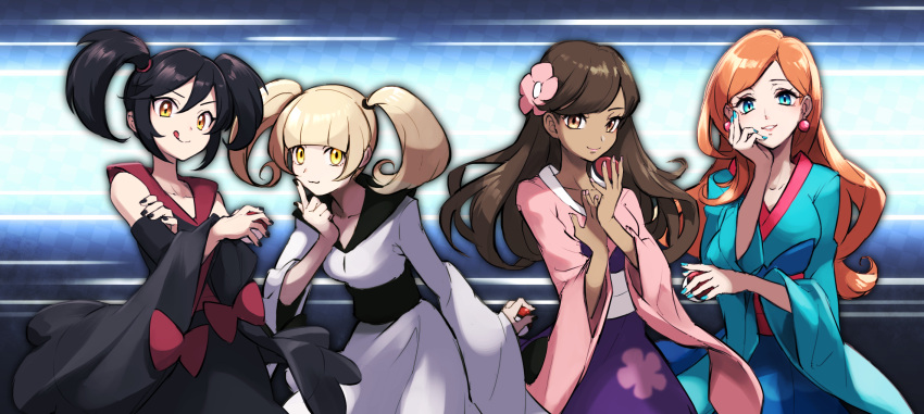 4girls, :q, akihorisu, bangs, black_hair, black_nails, blonde_hair, blue_eyes, blunt_bangs, breasts, brown_eyes, brown_hair, closed_mouth, collarbone, commentary_request, dark-skinned_female, dark_skin, detached_sleeves, dress, earrings, eyelashes, floral_print, flower, furisode_girl_(pokemon), furisode_girl_blossom, furisode_girl_kali, furisode_girl_katherine, furisode_girl_linnea, green_nails, hair_between_eyes, hair_flower, hair_ornament, hair_tie, hand_up, hands_up, highres, holding, holding_poke_ball, jewelry, long_hair, long_sleeves, looking_at_viewer, multiple_girls, nail_polish, orange_eyes, orange_hair, parted_lips, pink_flower, poke_ball, poke_ball_(basic), pokemon, pokemon_(game), pokemon_xy, sash, shiny, shiny_hair, smile, tied_hair, tongue, tongue_out, twintails, white_dress, white_sash, wide_sleeves, yellow_eyes
