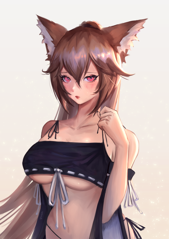 1girl, animal_ears, blush, breasts, brown_hair, crop_top, detached_sleeves, gweni
