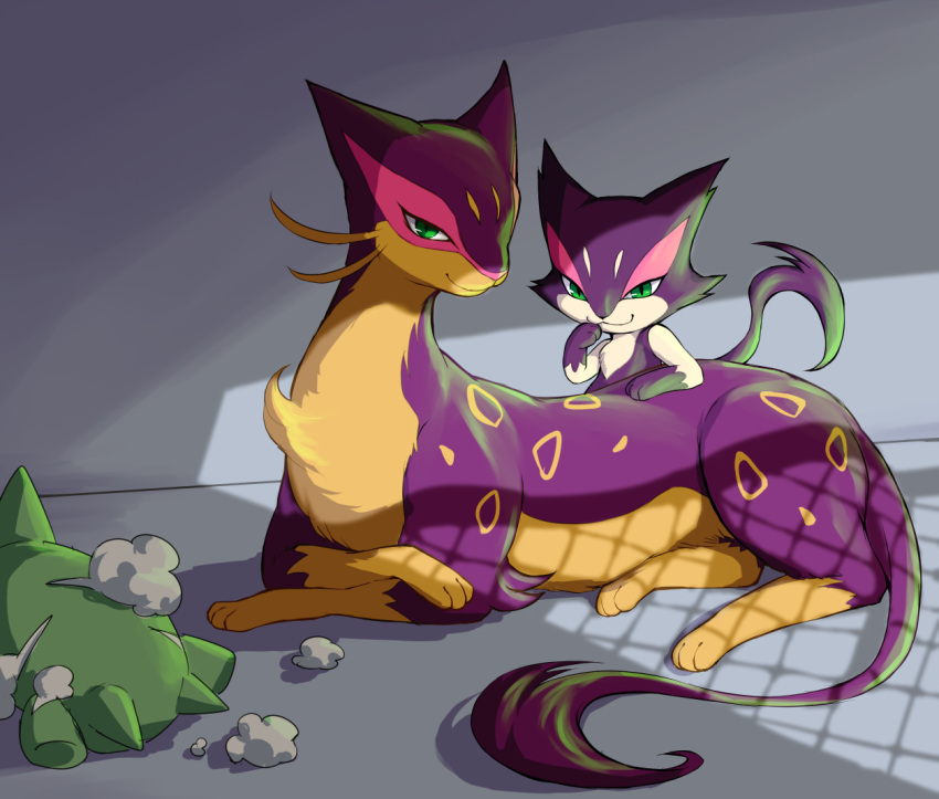 :3, akihorisu, closed_mouth, commentary_request, evolutionary_line, green_eyes, liepard, lying