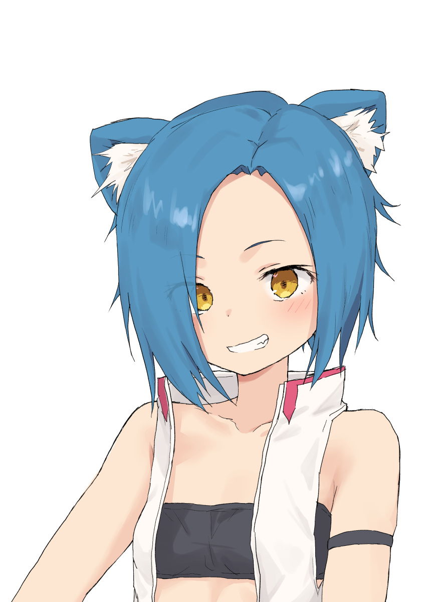 1girl, absurdres, animal_ear_fluff, animal_ears, bandeau, bangs, bare_shoulders, black_bandeau, blue_hair, breasts, brown_eyes, collarbone, dog_ears, eyebrows_visible_through_hair, eyes_visible_through_hair, grin, hair_over_one_eye, highres, hinata_channel, inugami_kokage, jacket, looking_at_viewer, open_clothes, open_jacket, short_hair, simple_background, skindentation, sleeveless, sleeveless_jacket, small_breasts, smile, solo, upper_body, virtual_youtuber, white_background, white_jacket, yakihebi