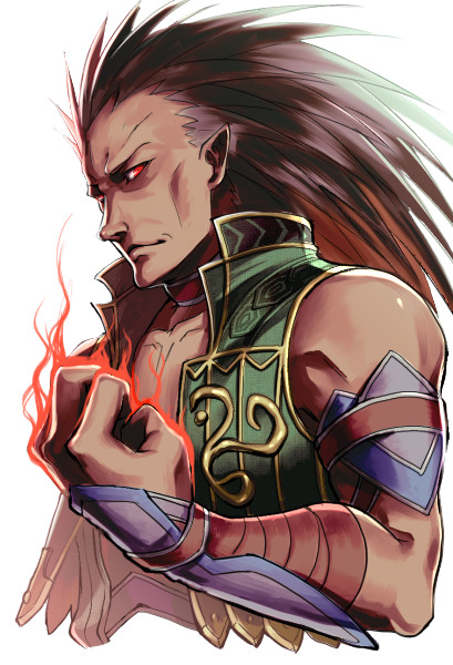 1boy, brahms, brown_hair, clenched_hand, long_hair, looking_at_viewer, male_focus, muscular