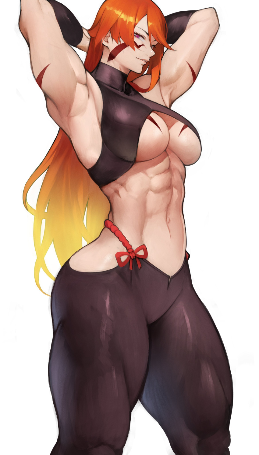 1girl, abs, absurdres, armpits, arms_behind_head, arms_up, bangs, bare_arms