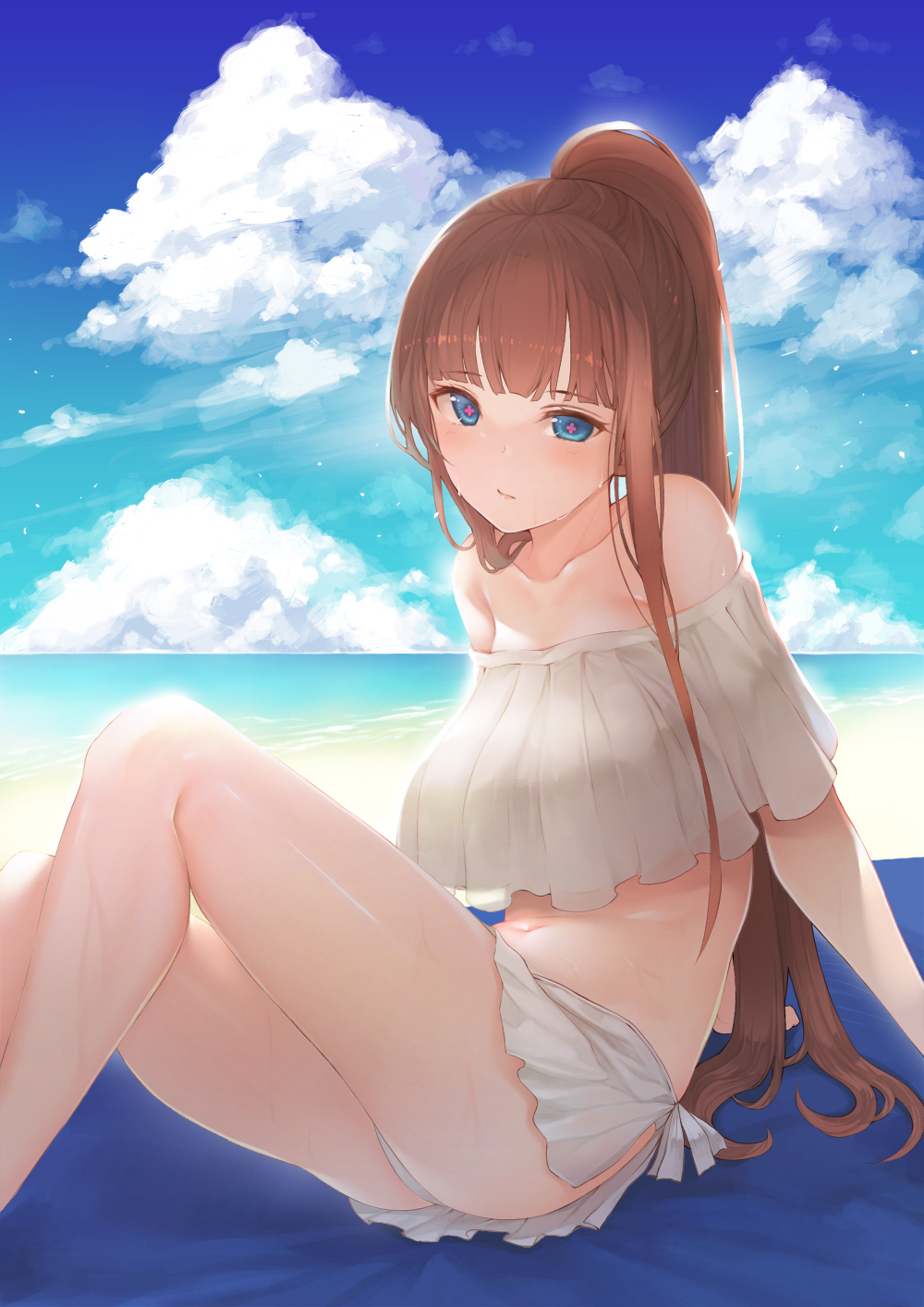 .live, 1girl, arm_support, ass, bangs, bare_shoulders, beach, bikini