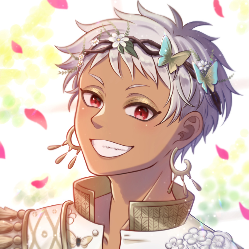 1boy, blurry, blurry_background, butterfly_hair_ornament, dark-skinned_male, dark_skin, earrings, eyeshadow