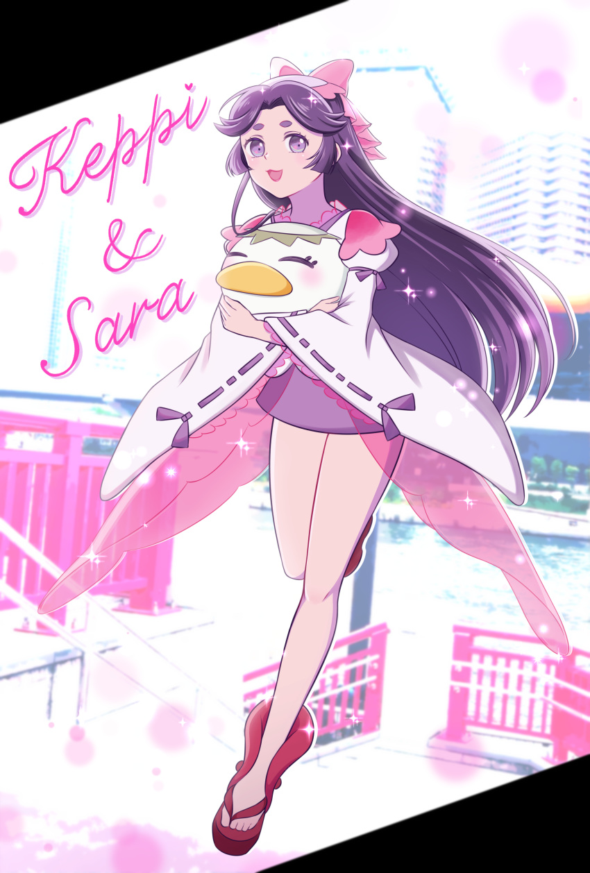 1girl, :d, absurdres, azuma_sara, black_hair, blurry, blurry_background, bow