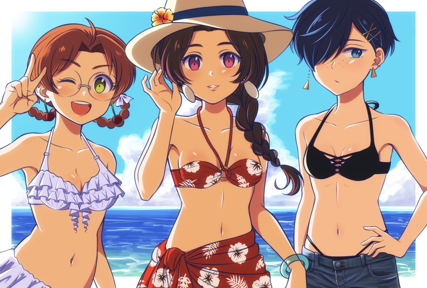 3girls, absurdres, beach, bikini, black_bikini, blue_eyes, blue_hair, blue_sky