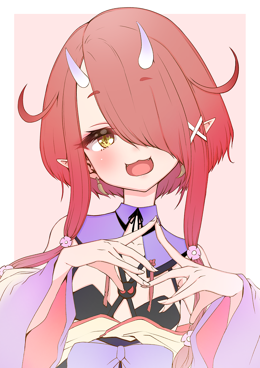 1girl, :3, :d, bangs, bare_shoulders, detached_sleeves, earring_removed, eyebrows_visible_through_hair