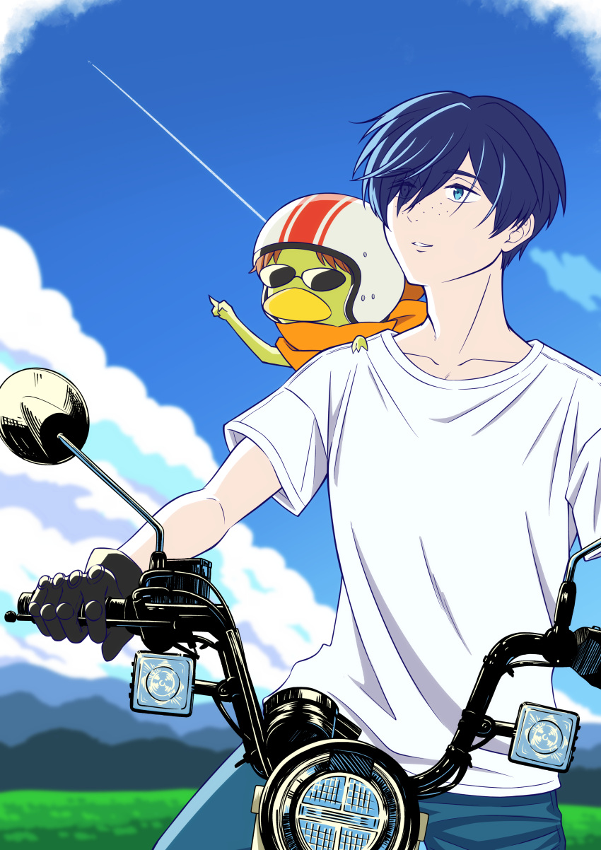 1boy, absurdres, black_gloves, blue_eyes, blue_hair, blue_sky, clouds, day