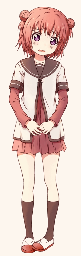 1girl, akaza_akari, black_legwear, blush, collarbone, double_bun, full_body, looking_down