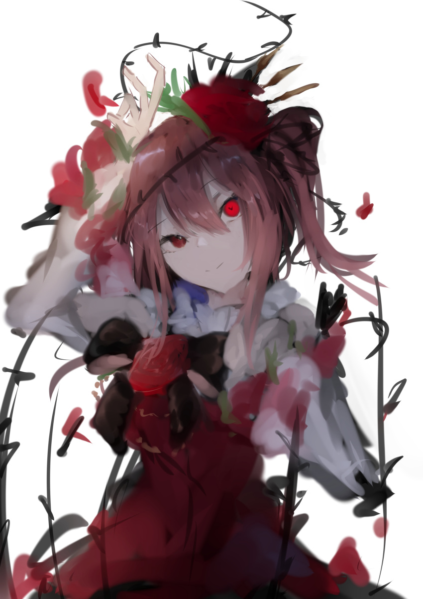 1girl, absurdres, bangs, black_bow, bow, dress, flower, glowing