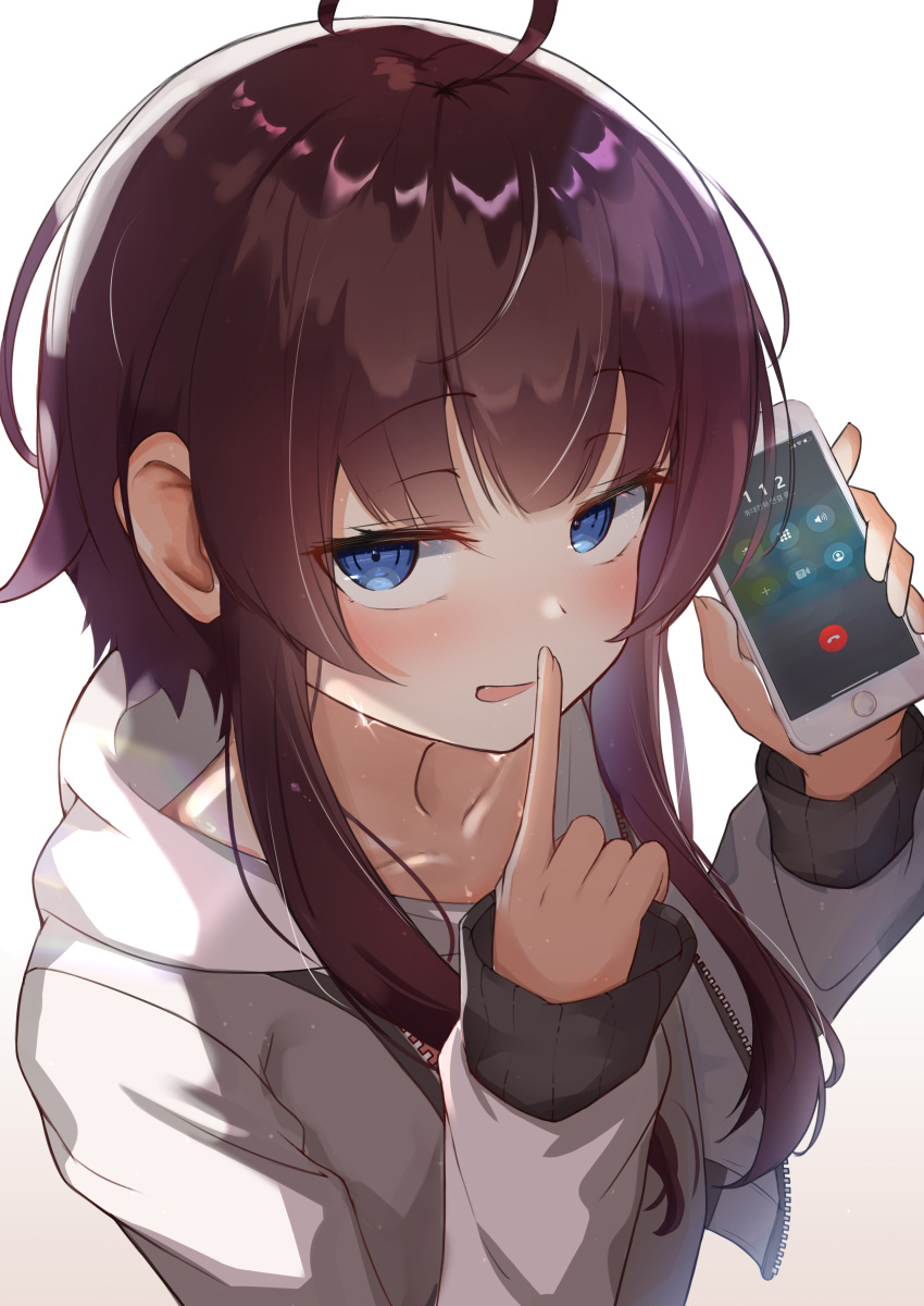1girl, absurdres, ahoge, blue_eyes, blush, brown_hair, calling, canizzz