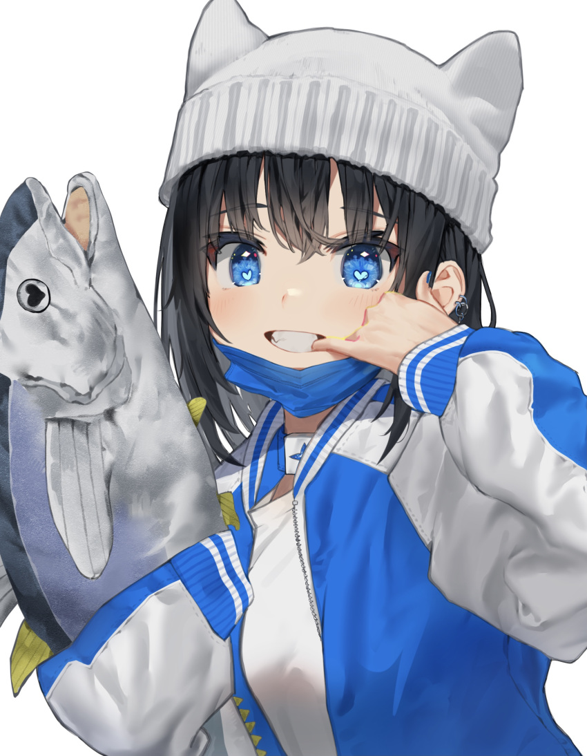 1girl, absurdres, animal, bangs, beanie, black_hair, blue_eyes, blue_mask