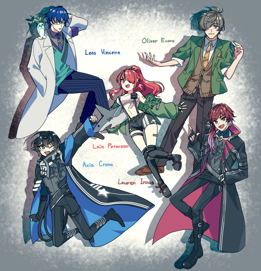 1girl, 4boys, animal_on_shoulder, aqua_vest, axia_krone, black_cloak, black_footwear, black_gloves
