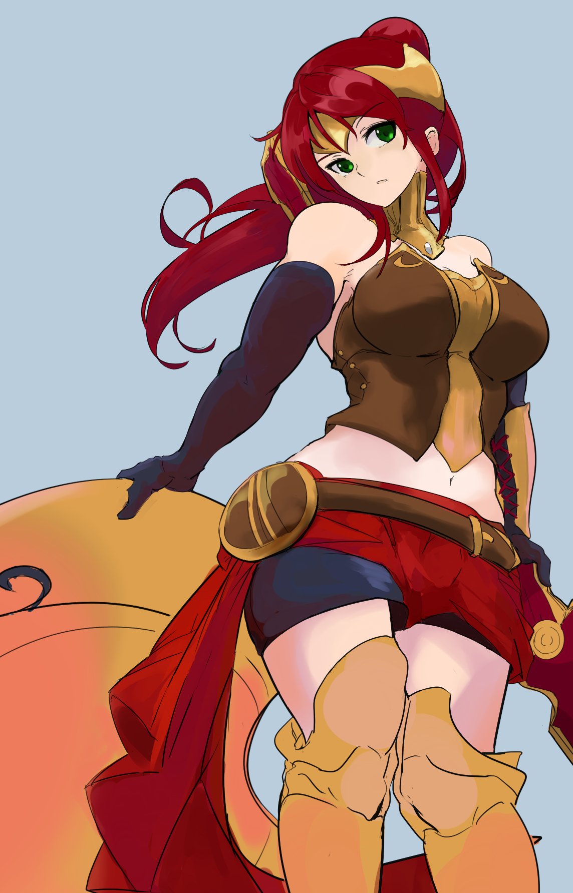 1girl, bare_shoulders, breasts, closed_mouth, elbow_gloves, gloves, green_eyes, highres