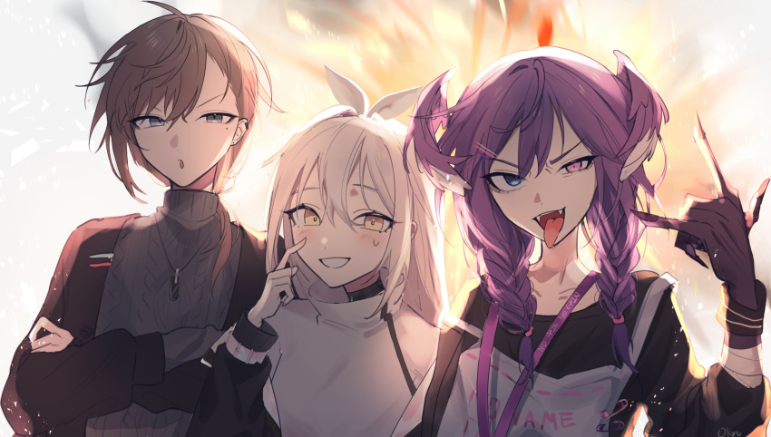 1boy, 2girls, :o, \m/, black_cardigan, black_sweater, blue_eyes, brown_hair