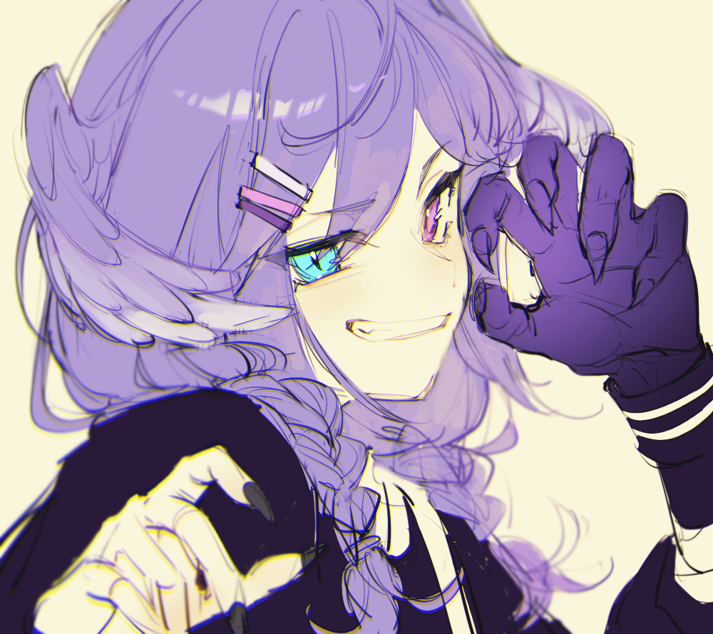 1girl, beige_background, black_nails, black_sweater, blue_eyes, english_commentary, hair_ornament, hairclip