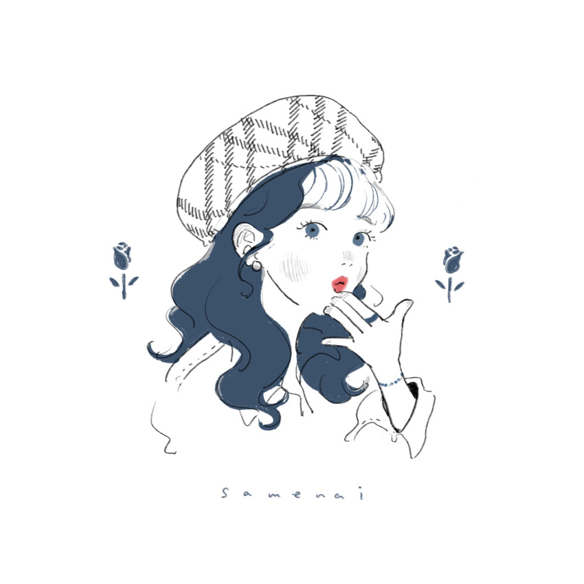 1girl, bangs, black_hair, blush, earrings, grey_eyes, hand_up, hat