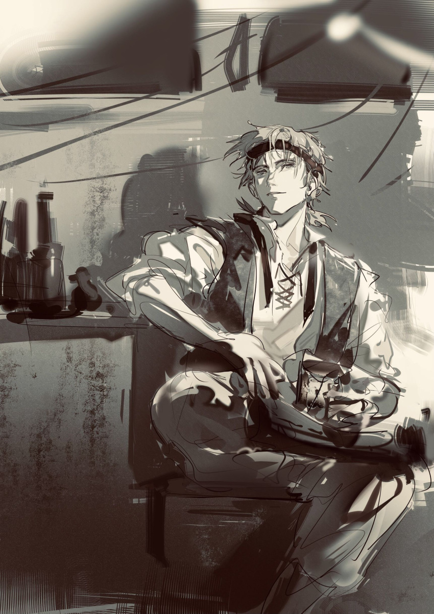 1boy, absurdres, bandana, blonde_hair, boots, bottle, cable, carbond, chair, crossed_legs, danitz_(lord_of_the_mysteries), ears, elbows_on_table, glass, highres, holding, jacket, lord_of_the_mysteries, pants, shadow, shirt, sitting, smile, white_shirt