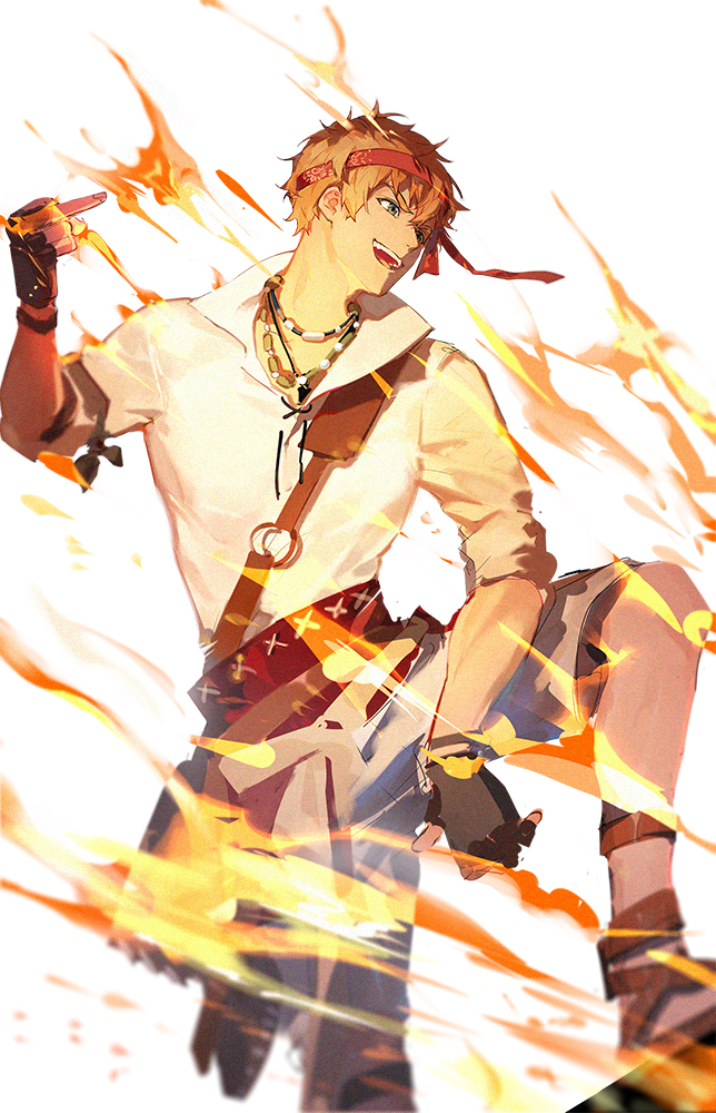 1boy, bandana, blonde_hair, chinese_commentary, commentary_request, danitz_(lord_of_the_mysteries), ears, elbow_on_knee, fingerless_gloves, fire, gloves, jewelry, lord_of_the_mysteries, necklace, sandals, shirt, short_hair, shorts, simple_background, smile, suixinhaoba, teeth, tongue, white_shirt, yellow_eyes