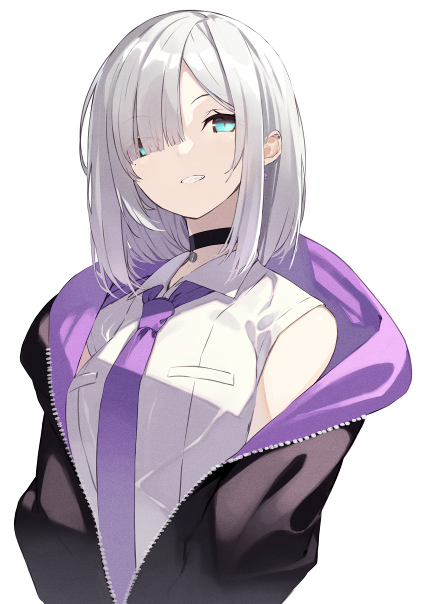 1girl, absurdres, bangs, black_jacket, blue_eyes, blunt_bangs, breasts, choker