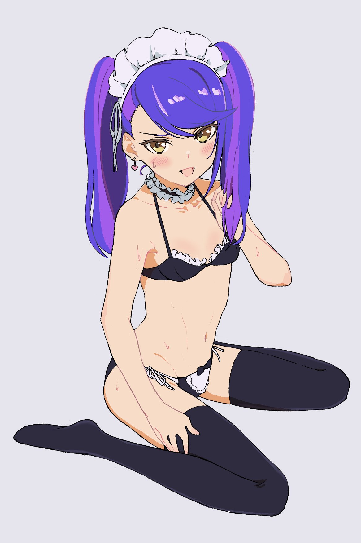 1girl, :d, apron, bangs, bikini, black_bikini, black_choker, black_legwear