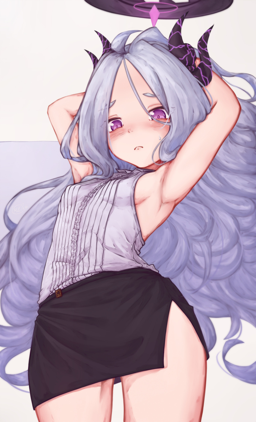 1girl, absurdres, armpits, arms_behind_head, arms_up, bangs, black_skirt, blue_archive, blush, commentary_request, demon_horns, embarrassed, eyebrows_visible_through_hair, eyes_visible_through_hair, frown, hair_between_eyes, halo, highres, hina_(blue_archive), horns, long_hair, looking_at_viewer, mokamocha, pencil_skirt, sidelocks, silver_hair, simple_background, skirt, sleeveless, solo, sweat, violet_eyes, white_background