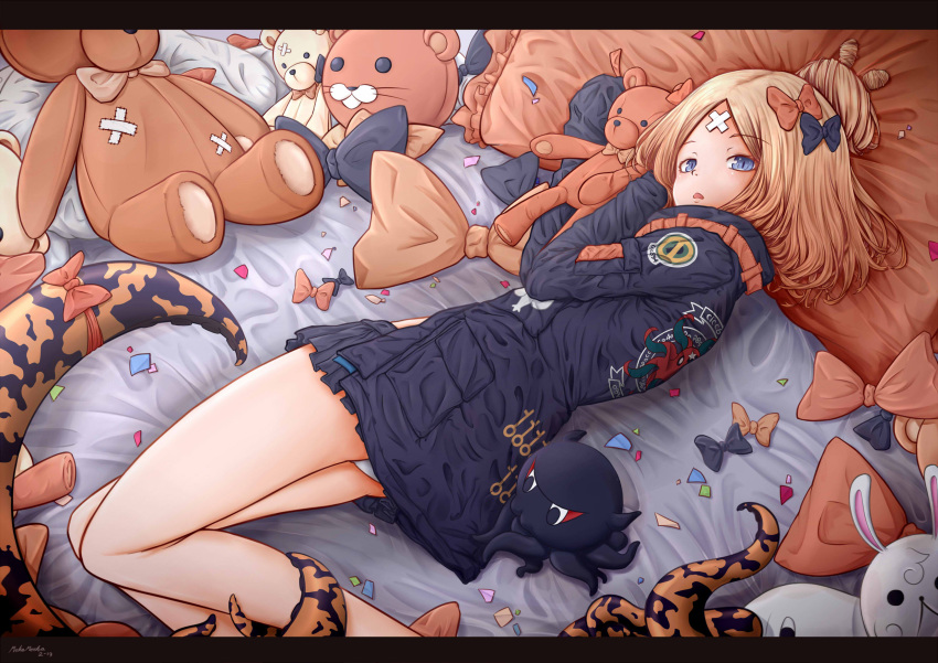 1girl, abigail_williams_(fate), bandaid, bandaid_on_forehead, bed, bed_sheet, black_dress, blue_eyes