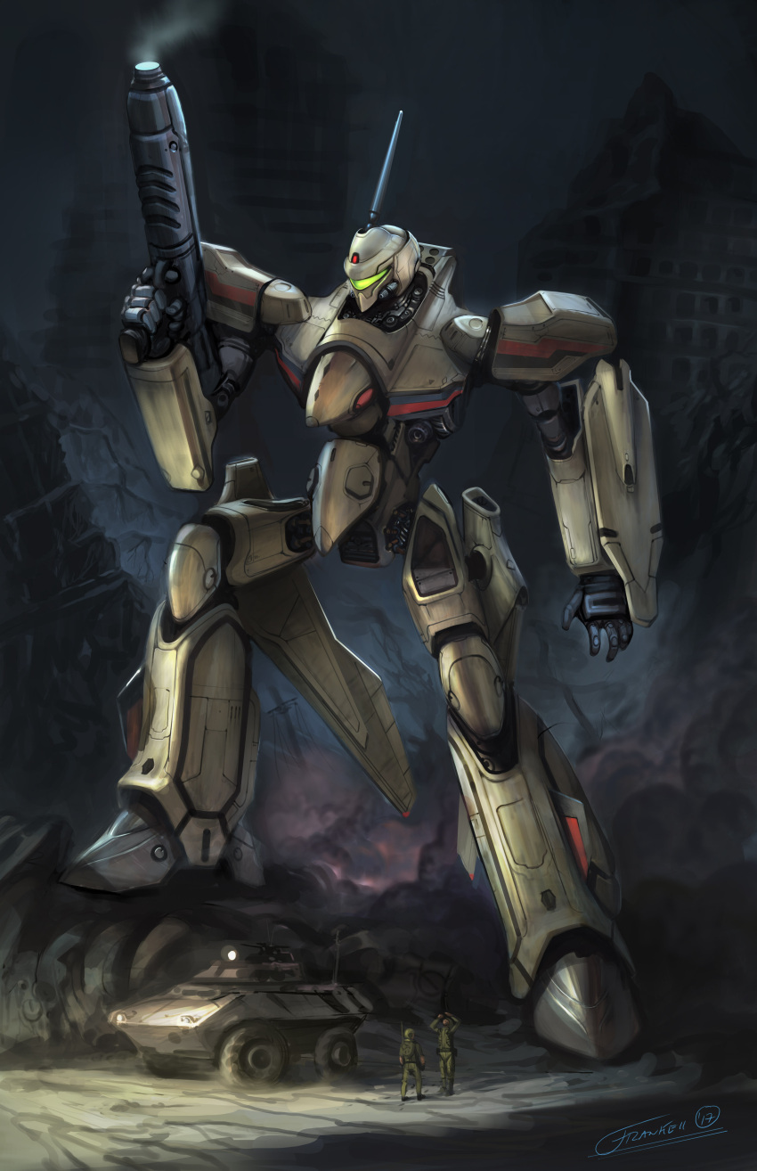 2019, 2boys, absurdres, armored_vehicle, backpack, bag, belt, boots, building, dated, dirty, dust, el_fabuloso_octavio, energy_cannon, english_commentary, ground_vehicle, gunpod, helmet, highres, lamp, light, machinery, macross, macross_plus, mecha, multiple_boys, photoshop_(medium), radio_antenna, realistic, rock, ruins, science_fiction, shield, signature, size_difference, sketch, smoke, soldier, u.n._spacy, variable_fighter, yf-19