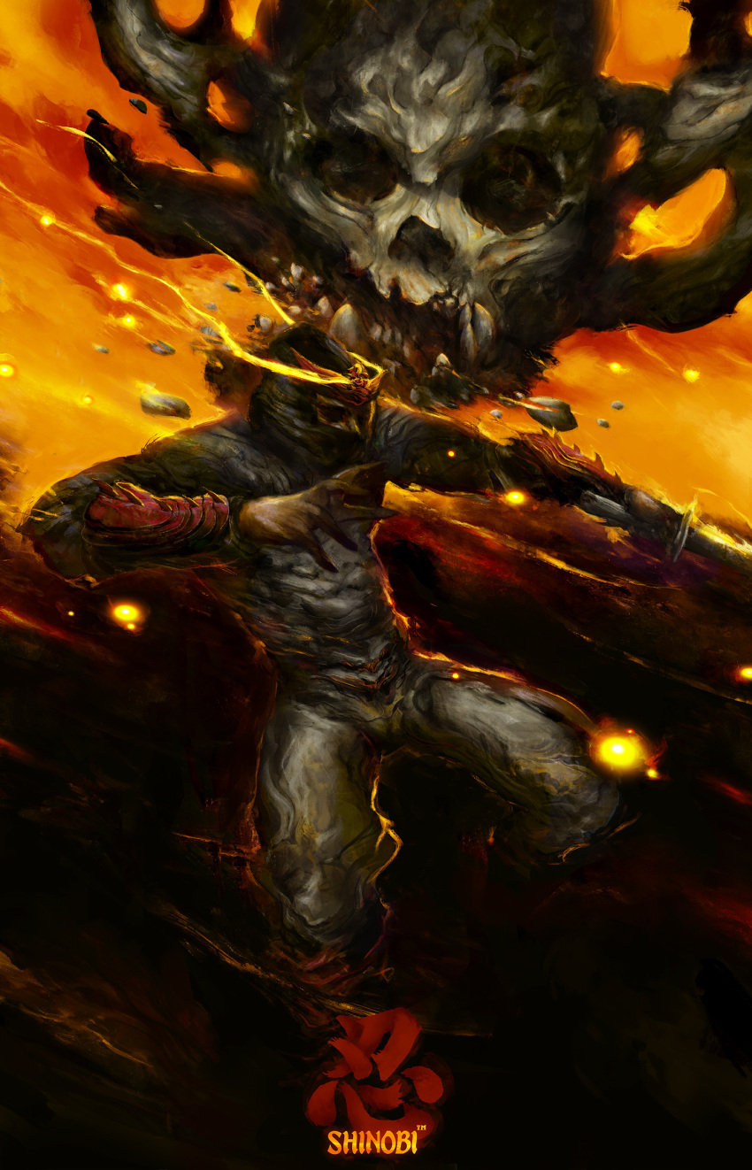 1boy, absurdres, battle, collaboration, damaged, death, debris, demon