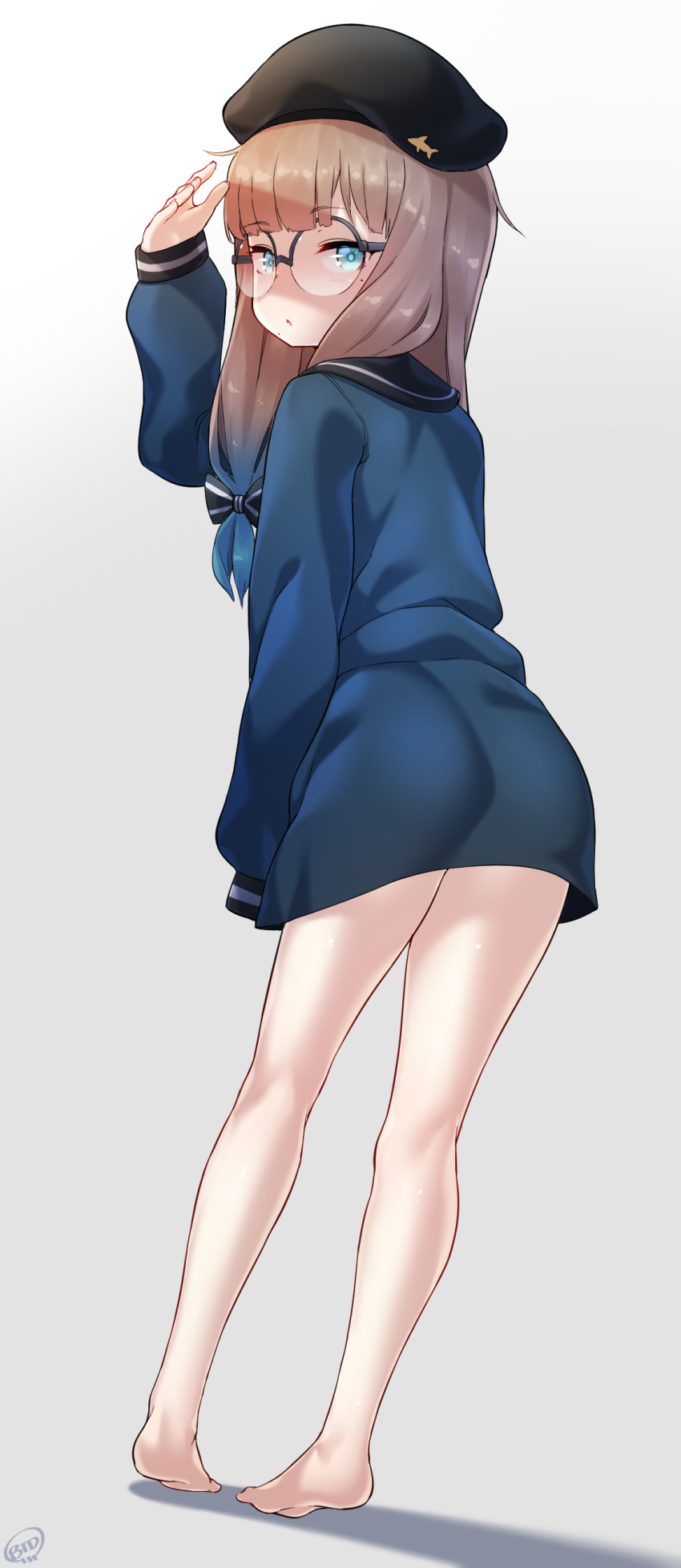 1girl, absurdres, artist_name, ass, bangs, barefoot, beret, black_headwear, black_sailor_collar, blue_bow, blue_hair, blue_shirt, blunt_bangs, blush, born-to-die, bottomless, bow, brown_hair, dutch_angle, eyebrows_visible_through_hair, fate/grand_order, fate_(series), from_behind, full_body, genderswap, genderswap_(mtf), glasses, gradient, gradient_background, gradient_hair, grey_background, hair_bow, half-closed_eyes, hand_up, hat, highres, kneepits, legs, light_blush, long_hair, long_sleeves, looking_at_viewer, looking_back, mole, mole_under_eye, multicolored_hair, nemo_(fate), open_mouth, oversized_clothes, oversized_shirt, professor_nemo_(fate), round_eyewear, sailor_collar, shading_eyes, shiny, shiny_hair, shiny_skin, shirt, sidelocks, signature, simple_background, sleeves_past_fingers, sleeves_past_wrists, solo, standing, two-tone_hair