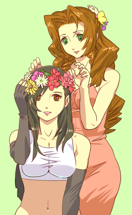 aerith_gainsborough, bare_shoulders, black_hair, breasts, brown_eyes, brown_hair, cleavage, crop_top