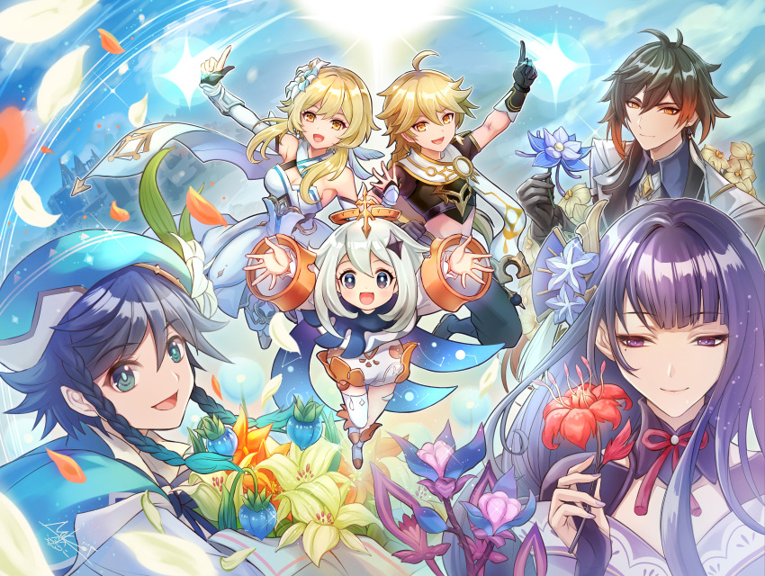 3boys, 3girls, absurdres, aether_(genshin_impact), ahoge, androgynous, bangs, beret, black_gloves, black_hair, blonde_hair, blue_eyes, blue_hair, blush, bouquet, bow, braid, bridal_gauntlets, brother_and_sister, brown_hair, closed_mouth, clouds, cloudy_sky, collared_cape, collared_shirt, commentary_request, crop_top, day, dendrobium, dress, earrings, eyeliner, falling_petals, floating, flower, formal, genshin_impact, glaze_lily, gloves, gradient_hair, green_eyes, green_headwear, hair_between_eyes, hair_flower, hair_ornament, halo, hat, hat_flower, highres, holding, holding_bouquet, holding_flower, jacket, japanese_clothes, jewelry, kimono, leaf, light_particles, long_hair, long_sleeves, looking_at_viewer, lumine_(genshin_impact), makeup, midriff, mole, mole_under_eye, multicolored_hair, multiple_boys, multiple_girls, necktie, nekobayashi, open_mouth, orange_hair, outstretched_arms, paimon_(genshin_impact), petals, purple_flower, purple_hair, purple_nails, raiden_shogun, red_flower, scarf, shirt, short_hair_with_long_locks, short_sleeves, siblings, sidelocks, single_earring, single_thighhigh, sky, smile, sparkle, spread_arms, suit, tassel, tassel_earrings, thigh-highs, traveler_(genshin_impact), twin_braids, twins, venti_(genshin_impact), violet_eyes, white_dress, white_flower, white_hair, white_legwear, wide_sleeves, yellow_eyes, zhongli_(genshin_impact)