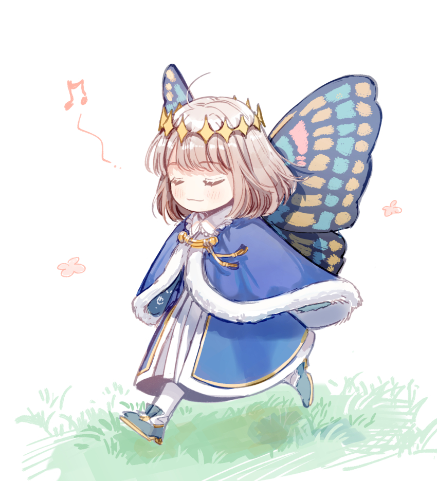 1boy, blue_cape, blush, butterfly_wings, cape, chibi, closed_eyes, closed_mouth
