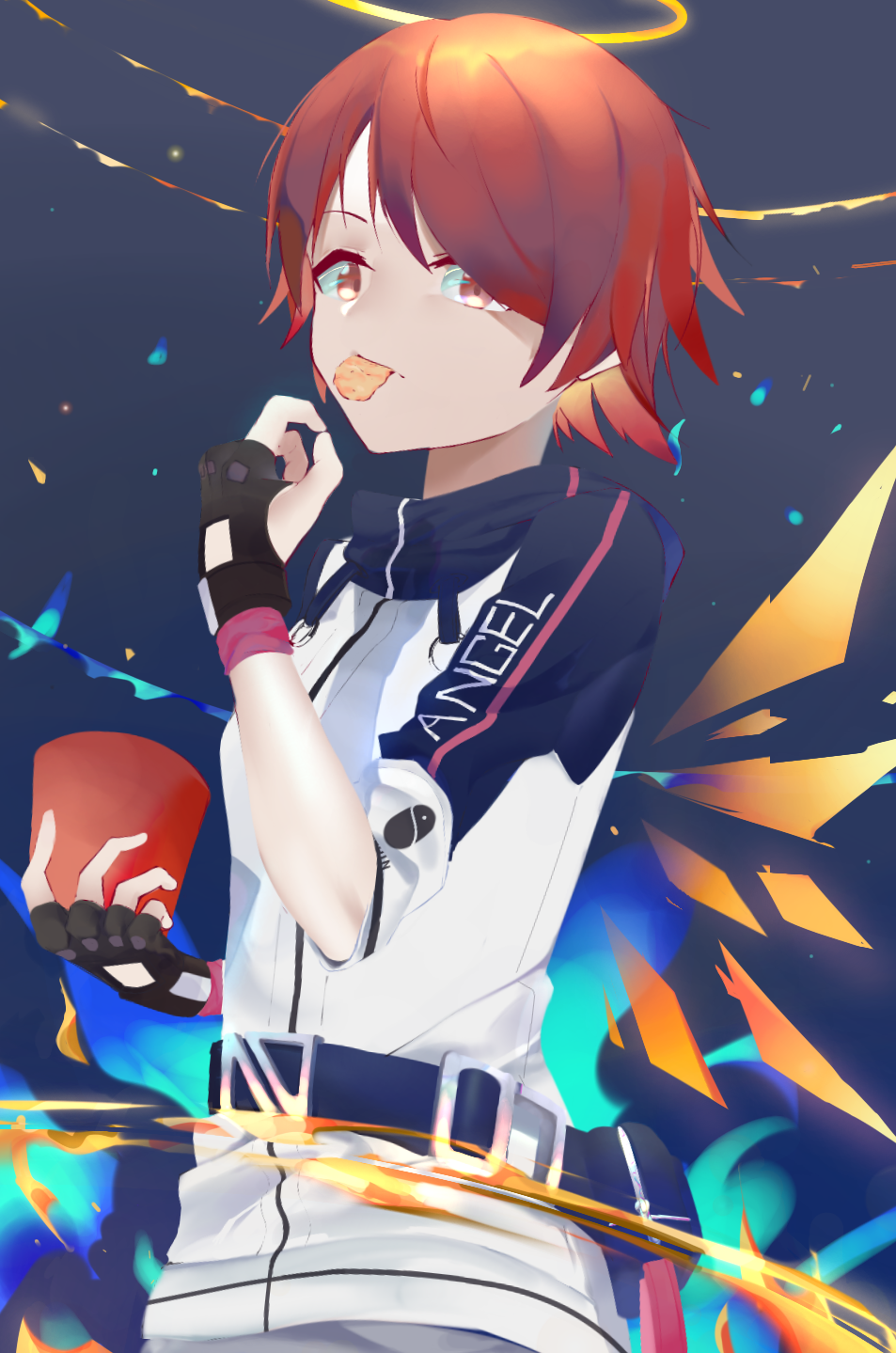 1girl, arknights, bangs, belt, biscuit_(bread), black_gloves, blue_background, closed_mouth