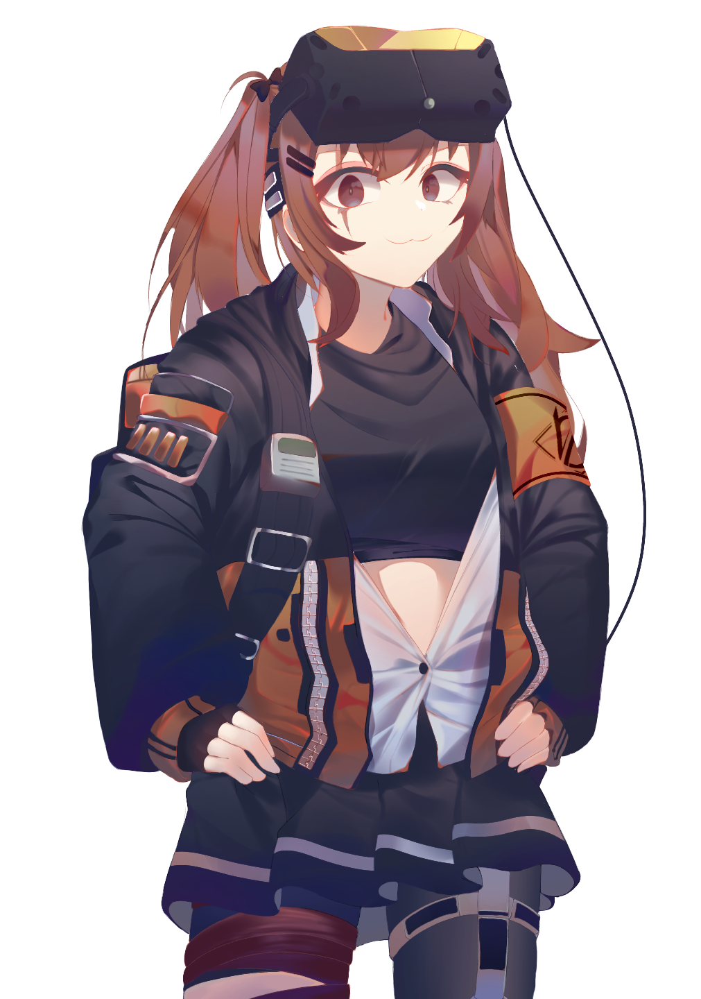 1girl, :3, bangs, black_gloves, black_jacket, black_legwear, black_shirt, black_skirt