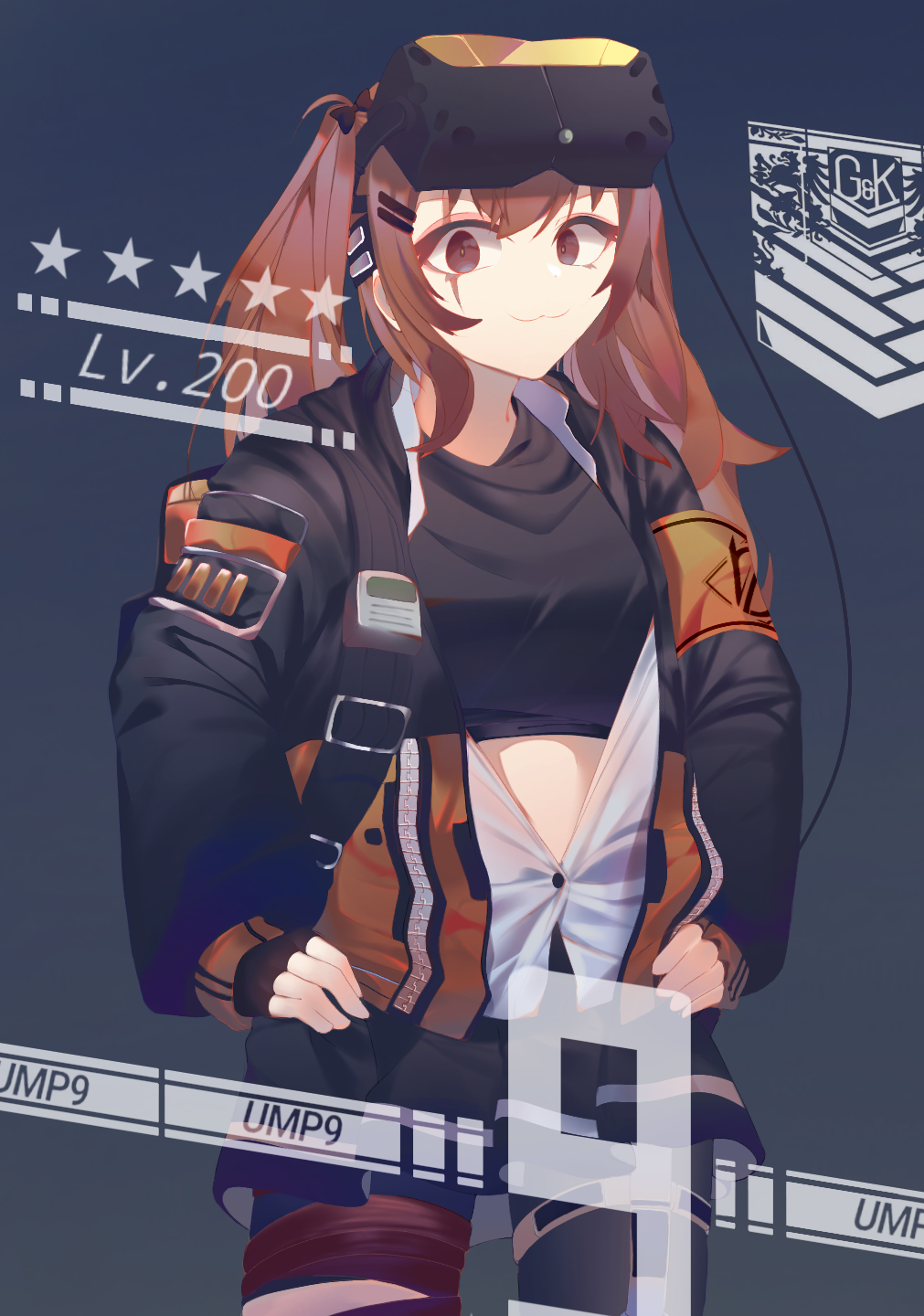 1girl, :3, bangs, black_gloves, black_jacket, black_legwear, black_shirt, black_skirt