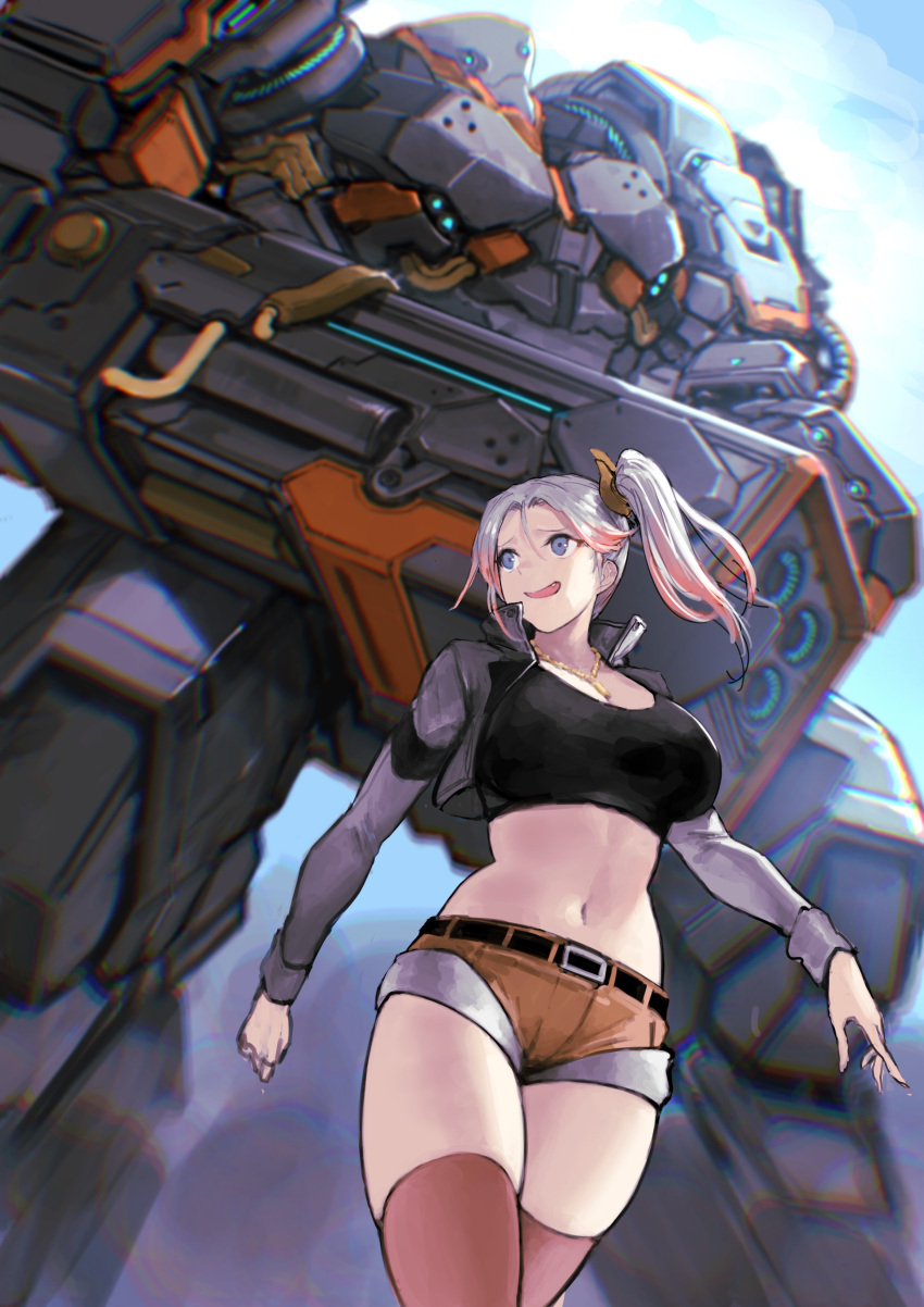 1girl, absurdres, bangs, belt, black_belt, black_shirt, breasts, brown_shorts