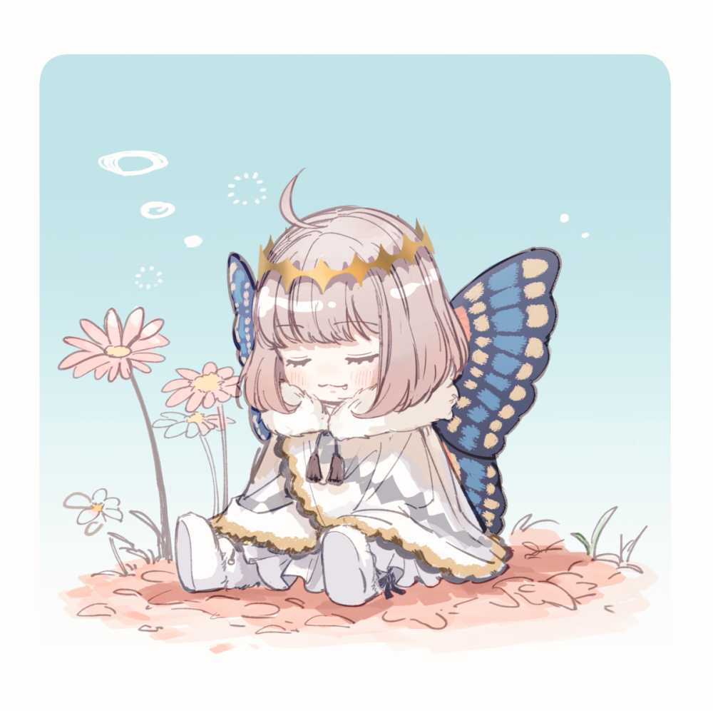 1boy, blush, butterfly_wings, cape, chibi, closed_eyes, closed_mouth, diamond_hairband