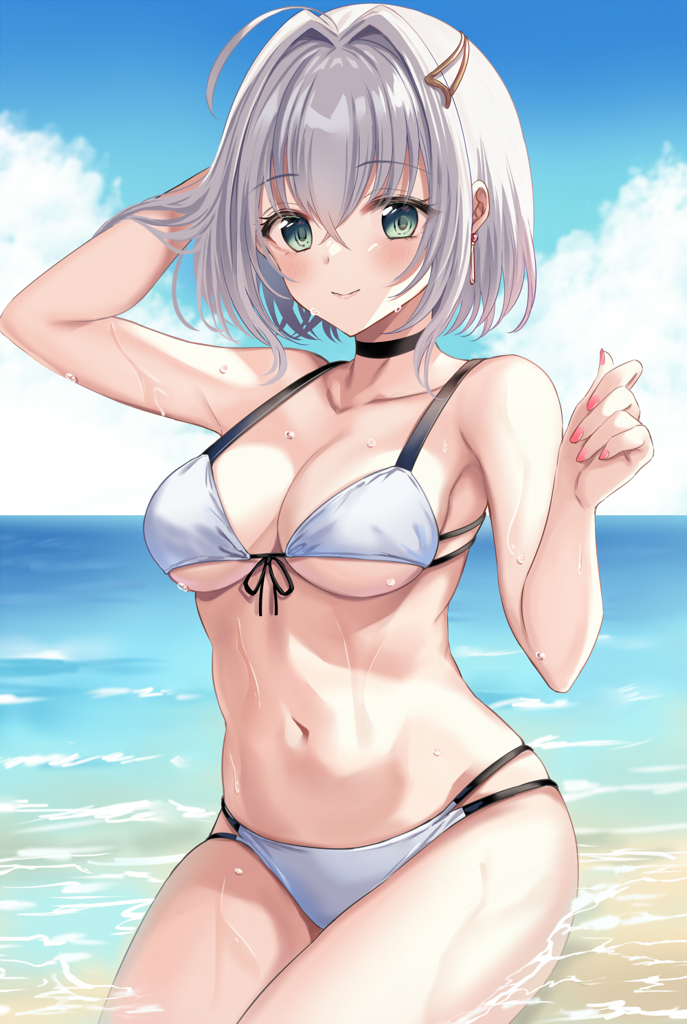 1girl, beach, bikini, black_choker, blue_sky, breasts, choker, clouds