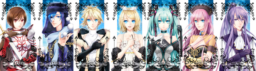 aqua_eyes, aqua_hair, armor, blonde_hair, blue_eyes, blue_hair, breasts, brown_hair, cleavage, cocoon_(loveririn), cravat, dress, elbow_gloves, fantasy, fur, gloves, hair_ornament, hair_ribbon, hairclip, hat, hatsune_miku, highres, jewelry, kagamine_len, kagamine_rin, kaito, kamui_gakupo, knight, long_hair, mask, medieval, megurine_luka, meiko, necklace, pink_hair, purple_hair, red_eyes, ribbon, robe, scarf, short_hair, smile, sword, synchronicity_(vocaloid), twintails, vocaloid, weapon, wizard