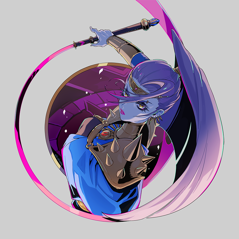 1girl, armor, blue_hair, blue_skin, colored_skin, demon_wings, ear_piercing, eyebrow_piercing