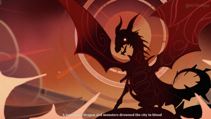 absurdres, astruma2, clouds, dragon, dragon_horns, dragon_wings, durin_(genshin_impact), english_text