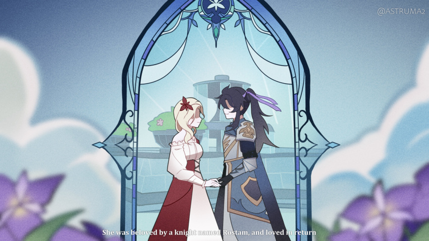 1boy, 1girl, absurdres, armor, astruma2, asymmetrical_bangs, bangs, bare_shoulders