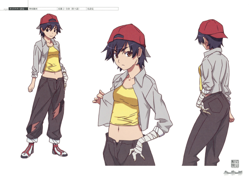 1girl, anime_coloring, bakemonogatari, character_sheet, cowboy_shot, full_body, highres, kanbaru_suruga, midriff, monogatari_(series), multiple_views, official_art, production_art, scan, simple_background, standing, white_background, zip_available