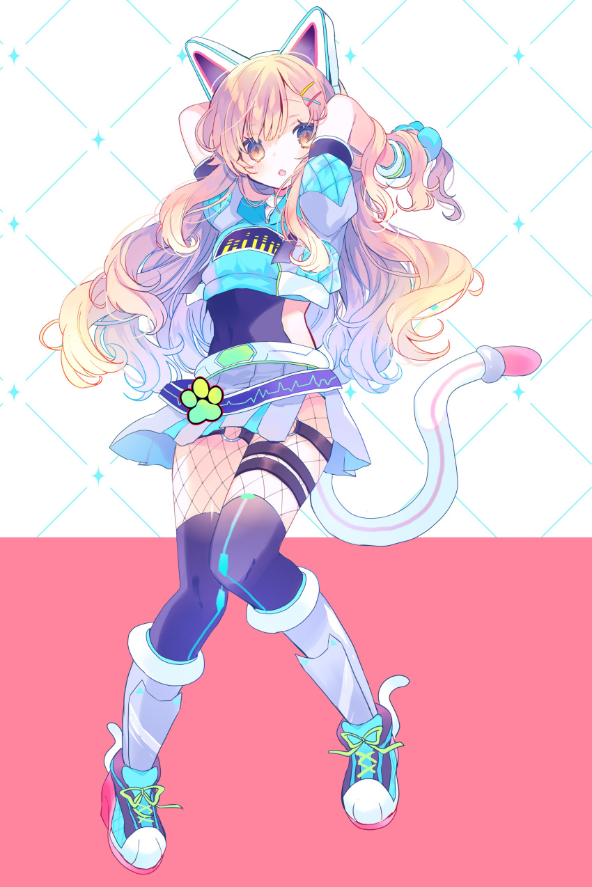 1girl, absurdres, animal_ears, animal_hands, arms_behind_head, belt, brown_eyes, brown_hair, cat_paws, fake_animal_ears, fake_tail, fishnets, highres, indie_virtual_youtuber, kneehighs, long_hair, looking_at_viewer, miniskirt, nanahira, necon1, shoes, skirt, solo, tail, very_long_hair